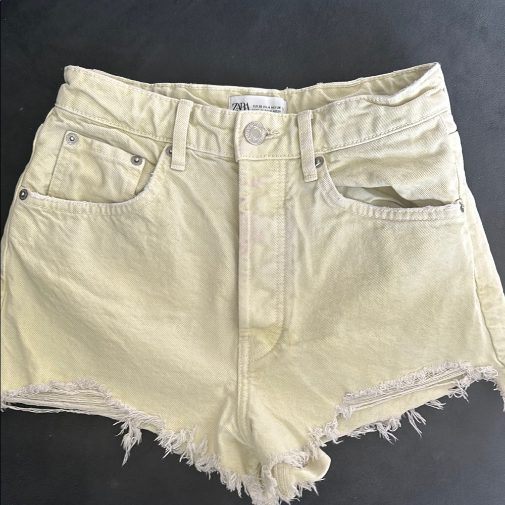 Zara Lime Green Jean Shorts High-Waisted Frayed Hem